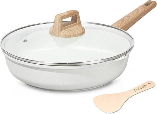 ESLITE LIFE Nonstick Ceramic Frying Pan Skillet with Lid, Non-Toxic Egg Omelette Kitchen Cooking Pans Compatible with All Stovetops (Gas, Electric & Induction), PTFE & PFOA Free (White, 11" w/Lid)