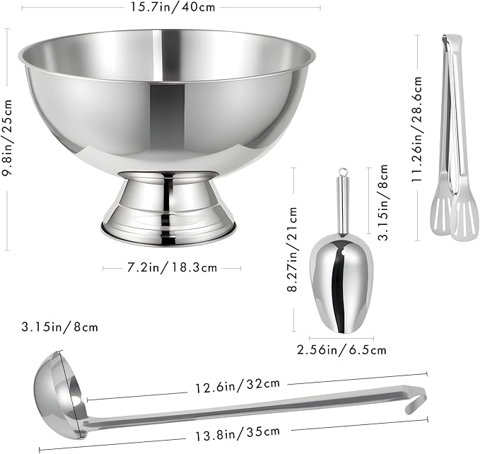 12L Silver Large Ice Bucket for Parties - 16"x16"x10" Huge Punch Bowl with Ladle - Stainless Steel Bucket for Cocktail Bar - Lightweight Champagne Bucket with Scoop