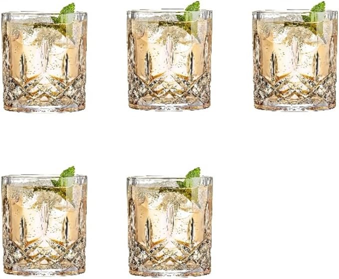 Drinking Glasses, Crystal Glass Cups, Mixed Glassware Set, Crystal Old Fashioned 11oz Highballs and 11oz Whiskey Glasses, Great for Cocktail, Whisky and other Beverages (Style 1,Set of 5)