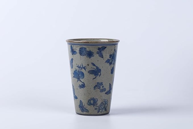 14 oz ceramics Handmade blue and white Retro Coke cups coffee tea set of 4 china Coffee Mugs for Tea, Milk,Dishwasher and Microwave Safe,Free gift soft silicone cover and gift box