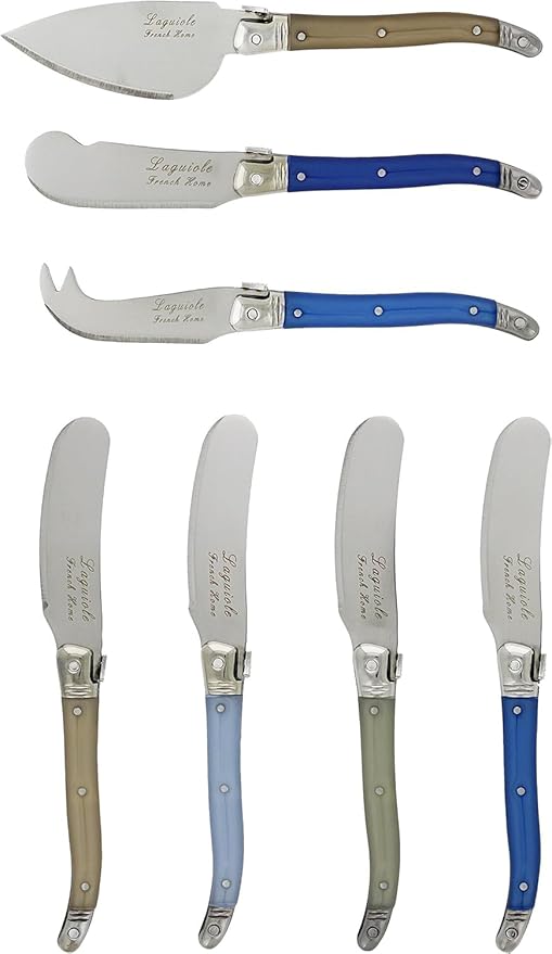 French Home Laguiole 7-Piece Cheese Knife Set - Includes Stainless Steel Spade, Spear Knife, Soft Cheese Knife & 4 Spreaders with Three-Rivet Curved Blue & Ivory Handle and Bee Emblem