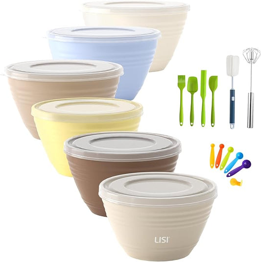LISI 6 Pack Mixing Bowl Set with Lids, Plastic Bowls for Kitchen, Nesting Salad & Meal Prep Bowls, BPA-Free, Large Storage Bowl with Airtight Lids