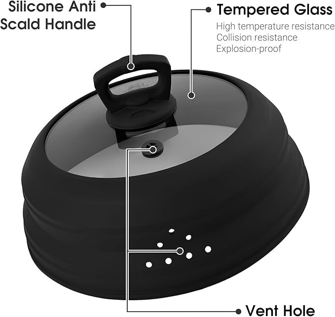 Microwave Splatter Cover Glass 11.8 Inch Microwave Cover for Food with Handle Collapsible Silicone Microwave Cover with Steam Vent for Pot Plate Bowl (Black)