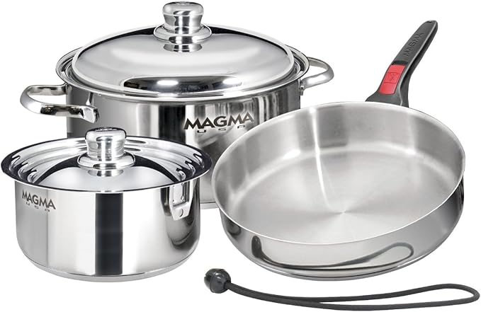 Magma 7 Piece Gourmet Nesting Stainless Steel Cookware Set, Induction Compatible, Oven Safe to 500°F - Suitable for All Stovetops, Removable Handles, Black
