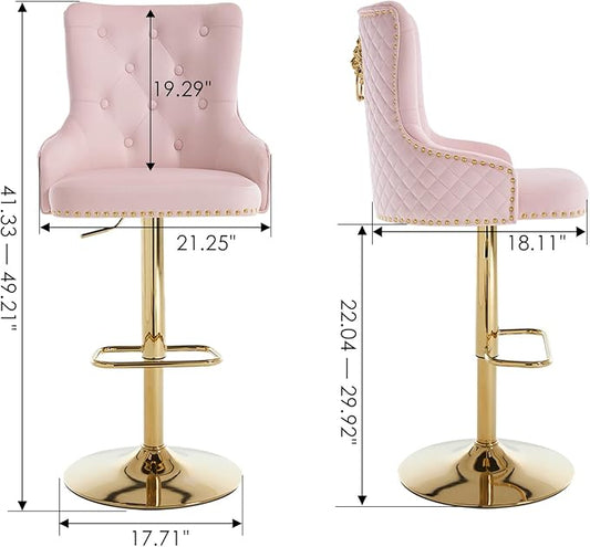 Velvet Gold Barstools Set of 2, Modern Counter Height Adjustable Swivel Stools Chairs with High Tufted Backrest Golden Base Lion Head Pull Ring Diamond Pattern Rivet Trim for Kitchen (Pink)