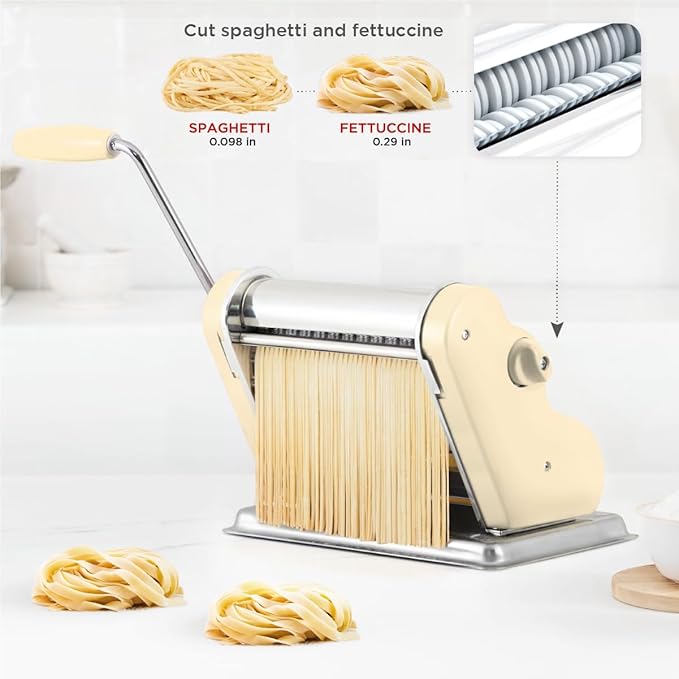 PASTALINDA Classic 200 Pasta Maker Machine, 20 cm Wide Rollers, 9 Thickness Positions, 2 Cutting Positions, Stainless Steel. Includes Reinforced Hand Crank And Two Clamps