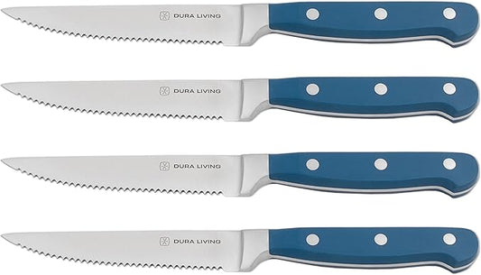 Premium 4-Piece Steak Knife Set – Sharp Serrated Blades, Forged High Carbon Stainless Steel, Full Tang, Ergonomic Handle, Royal Blue – Ideal for Dining & Entertaining