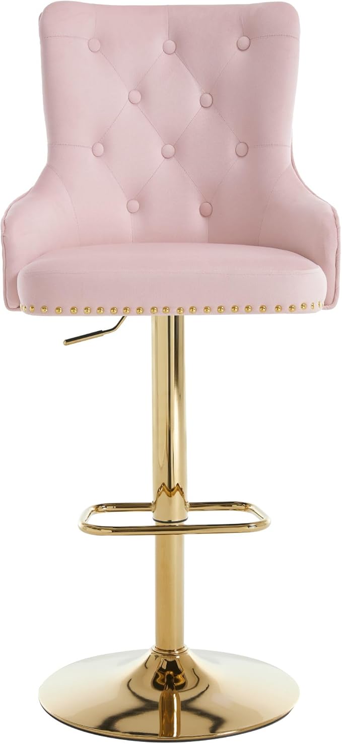 Velvet Gold Barstools Set of 2, Modern Counter Height Adjustable Swivel Stools Chairs with High Tufted Backrest Golden Base Lion Head Pull Ring Diamond Pattern Rivet Trim for Kitchen (Pink)
