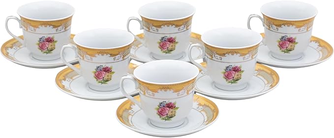 Vintage Rose Tea Set - 12 Piece Elegant White and Floral Design - 5.5 Inch Saucers, 6.5 oz Porcelain Cups - For Black Tea Or Cappuccino (Vintage Rose)