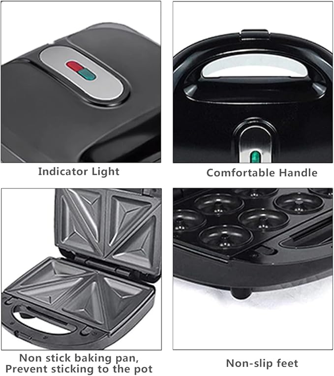 Donut Maker, 4 in 1 Electric Waffle Sandwich Machine,Panini Press Grill Iron Set with 4 interchangeable Removable Non Stick Plates,750W Detachable Dessert Toaster, Perfect for Breakfast
