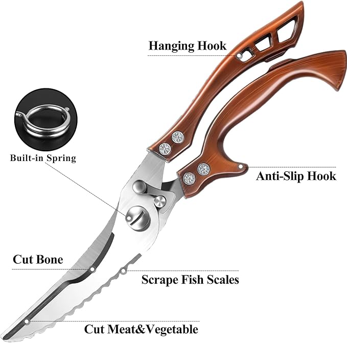 Poultry Shears Heavy Duty Professional, Multipurpose Kitchen Shears with Sheath, Spring-Loaded Stainless Steel Chef Scissors Cutting Bone, Chicken, Fish, Food, Meat, Full Steel Handle Brown