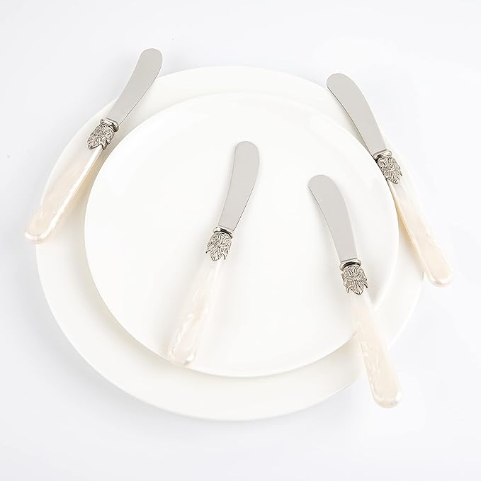 REVERIE Collection 4-piece Stainless Steel Butter Spreader Cheese Knife, Giftable Butter Knives set, Bread Knife set (White Handle)