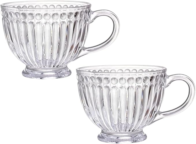 Set of 2 Glass Coffee Mugs, 12 oz Ribbed Teacups for Cappuccino, Tea, and Hot Beverages - Durable and Stylish Drinkware (Set of 2)