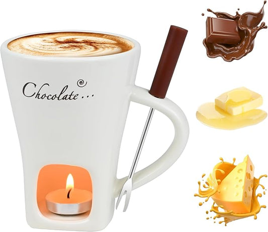 Sweet Fondue Cup for Chocolate Cheese Candy Butter - Chocolate Fondue Mug with Fork & 4 Candle, Mini Ceramic Chocolate Melting Cup, Personal Chocolate Melting Pot for Date Night Birthday (White)