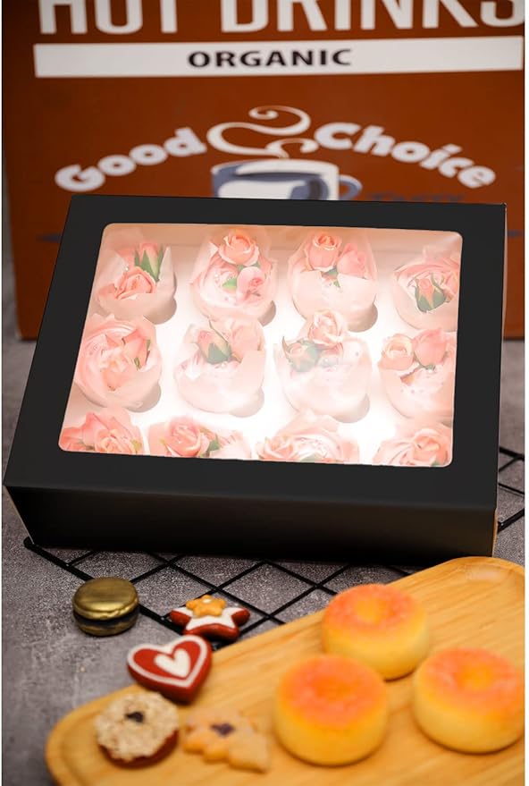 Bakepacker Auto-pop up 12 Cupcake Containers 6-Packs Black Cupcakes Carrier, 12 Cupcake Boxes with Window 13"x10"x3.5"