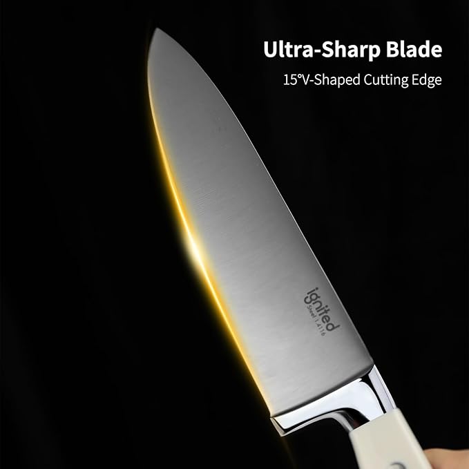 8 inch Chef Knife, High Carbon 1.4116 German Steel Kitchen Knife, Ultra Sharp Chefs Knife with Beautiful White ABS Handle, Professional Cooking Knife with Luxury Gift Box