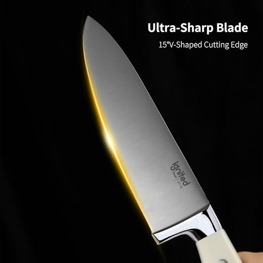 8 inch Chef Knife, High Carbon 1.4116 German Steel Kitchen Knife, Ultra Sharp Chefs Knife with Beautiful White ABS Handle, Professional Cooking Knife with Luxury Gift Box