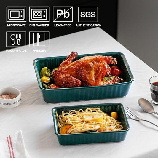 Ceramics baking dish set of 2, Rectangular Baking Dish, Lasagna Pans for Cooking, Kitchen, Cake,Dinner, Banquet and Daily Use, 12x 8 Inch & 8.95 x 6 inch of Casserole Dishes (Emerald)