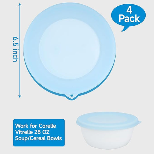 4 Pack Silicone Lids for Corelle Vitrelle 428-PC 28-Oz Soup/Cereal Bowls, Freezer & Microwave & Dishwasher Safe (Bowl not included)