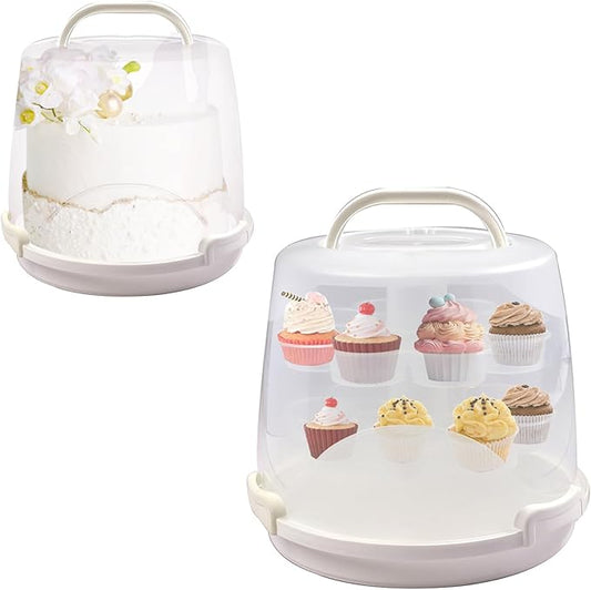 Cake Carrier Round Cake Stand Plus Height Cake Container with Cupcakes Pad, Handle, Lid Reusable Package Box for Transporting Desserts,Pie,Toast,Fruit (10"White)