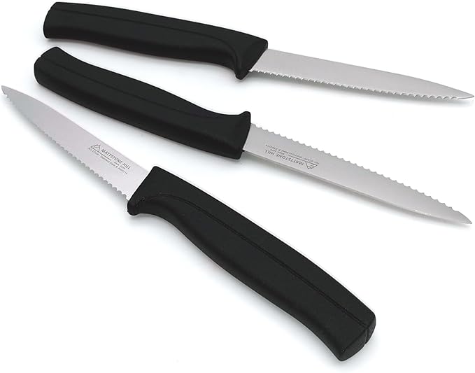 Kitchen Knife Set - MATTSTONE HILL Paring Knife Set, 4 Inch Serrated Utility Knife, Vegetable Knife Set, Slim Blade, Premium Stainless Steel, Semi Soft Handle, Black