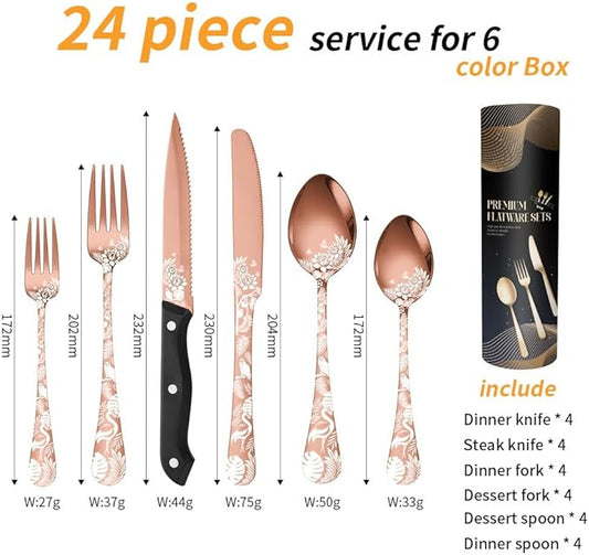Premium 24 Piece Western Pattern Steak Knife,Fork and Spoon Set,Set for 4,Stainless Steel Cutlery Set with Gift-Ready Box,Dishwasher Safe, Ergonomic Design (Rose Gold)