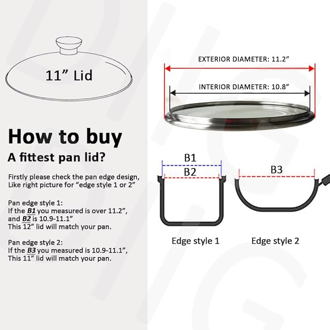 11 In Glass Lid for Frying Pan, Tempered Replacement Cover Compatible with All 11 Inches Cookware for Skillets, Round Cast Iron, Cast Aluminium, Stainless Steel Pans &Pots
