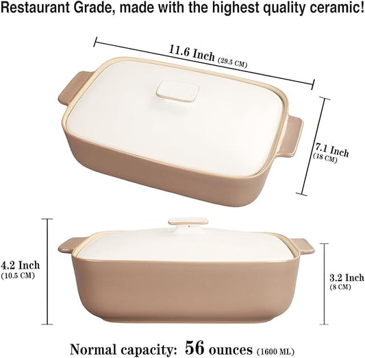 10" x 7" Casserole Dish 1.7 Quart Ceramic Bakeware Set with Lids, Chip and Crack Resistant Ceramic Casserole Dish with Handle 11.6 In, Microwave, Dishwasher, Oven, Freezer and Fridge Safe