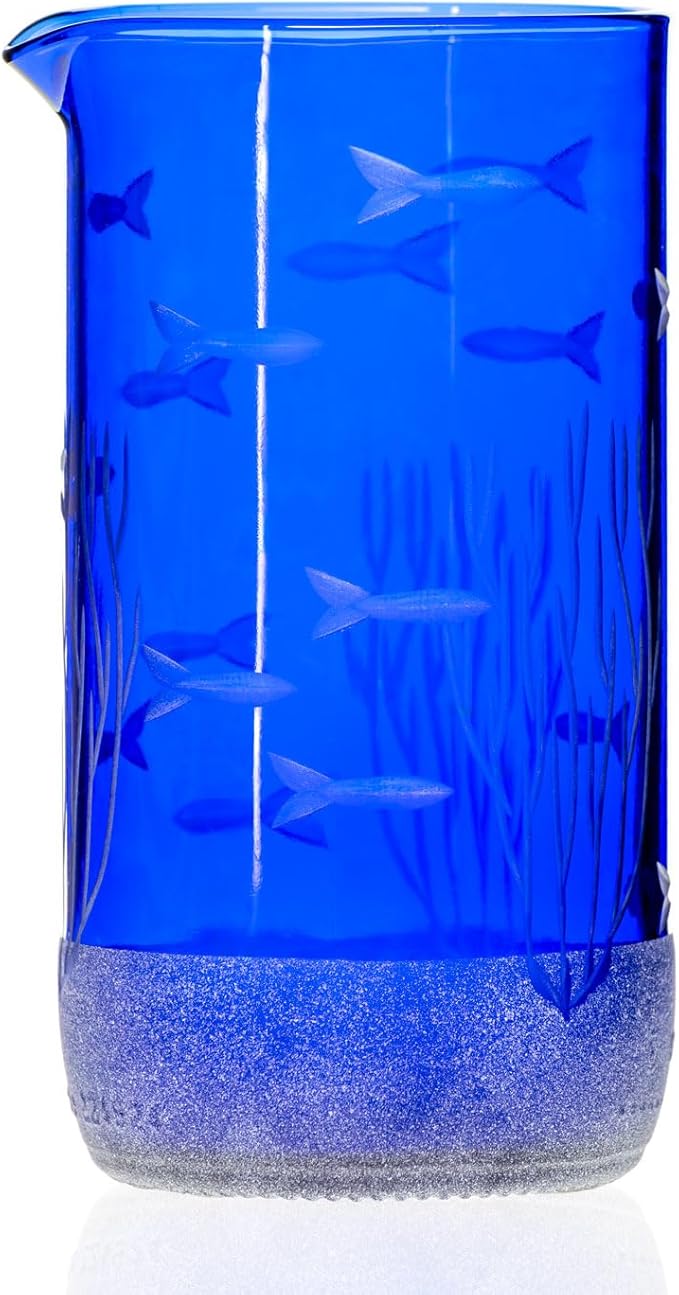 Rolf Glass School of Fish Twice Around Blue Pitcher and Mini Sipper | 13oz Recycled Glass Pitcher & 2” Mini Sipper | Tequila Tasting | Made From Recycled Bottles | Engraved in USA | 2pc + Gift Box Set