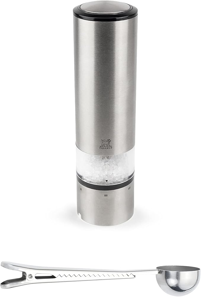 Peugeot Elis Sense U-Select 8 Inch Salt Mill Gift Set - With Stainless Steel Spice Scoop/Bag Clip