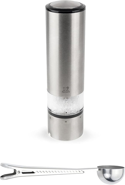 Peugeot Elis Sense U-Select 8 Inch Salt Mill Gift Set - With Stainless Steel Spice Scoop/Bag Clip