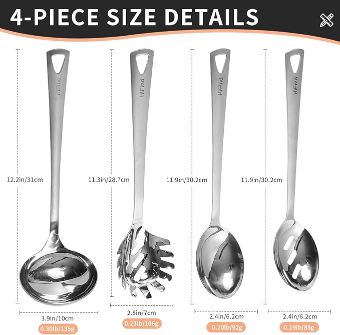 4PCS Cooking Utensils Set, Stainless Steel Kitchen Utensils Set, Durable Kitchenware Set for Cooking, Utensils Set with Slotted Serving Spoon, Spaghetti Fork, Ladle, Solid Serving Spoon