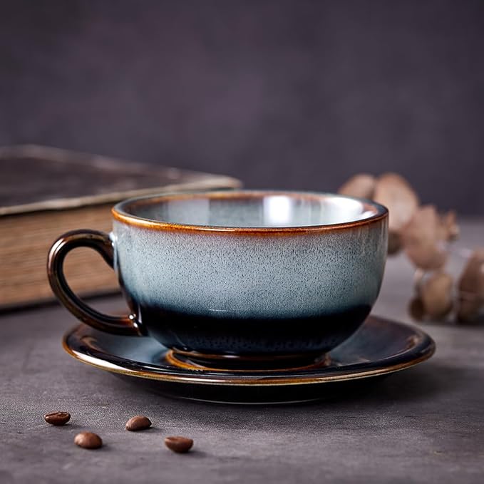 Vintage Design 12 oz Ceramic Latte Art Cappuccino Barista Cup with Saucer (Fog Grey)