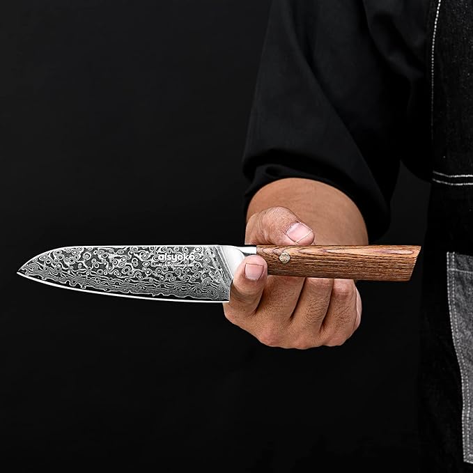 Santoku Knife 5 inches-Japan VG-10 Super Steel 67 Layer Damascus Steel-Sharp Kitchen Knife-Luxury Gift Box with Colored Wooden Handle-With Scabbard