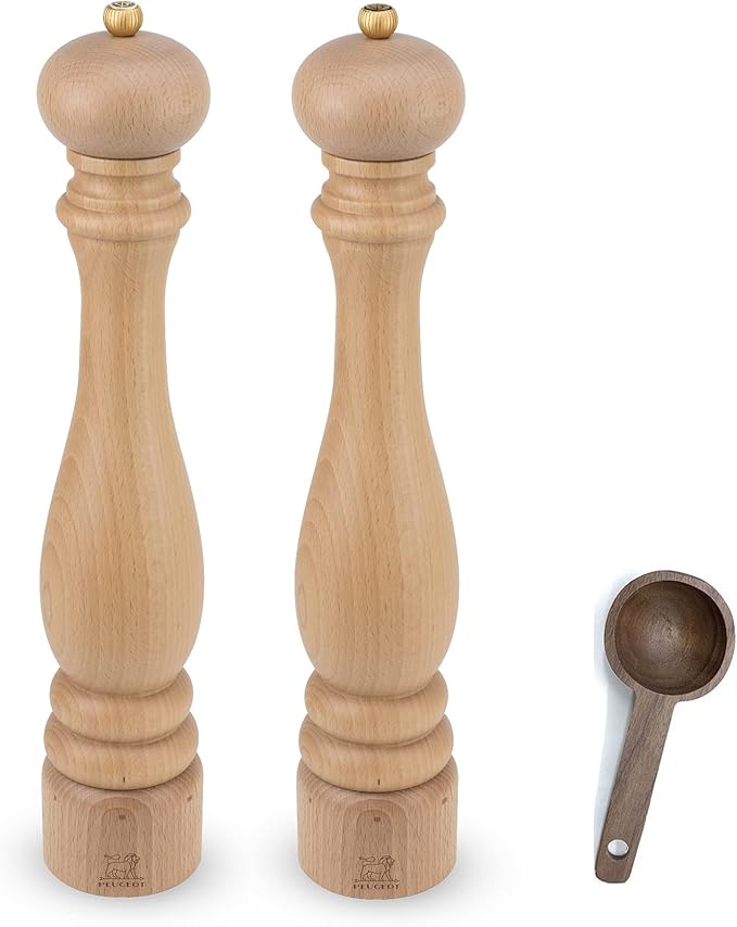 Peugeot Paris u'Select 6 Setting Manual beechwood Salt & Pepper Mill Set With Wooden Spice Scoop Made In France (Natural, 16- Inch)