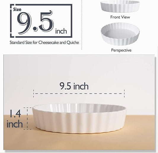 DELLING Set of 2 Ceramic Tart Pans, 9.5 inch Quiche Pan, Fluted Edge Quiche Baking Dish/Pie Pan, Perfect for Baking Tart Pies and Chicken Pot Pie, Cheesecake, Creme Brulee, Round, White