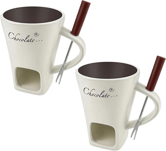 2 Sets Chocolate Fondue Cup with Fork, Ceramic Chocolate Melting Mug, Porcelain Melt Chocolate Fondue Crucible, Mini Fondue Pot for Cheese Caramel Butter