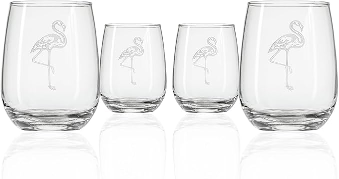 Rolf Glass Flamingo Stemless Wine Glass | 17oz Stemless Tumblers | Lead-Free and Etched Glass | Made in the USA | Coastal or Tropical Flamingo Design | Set of 4