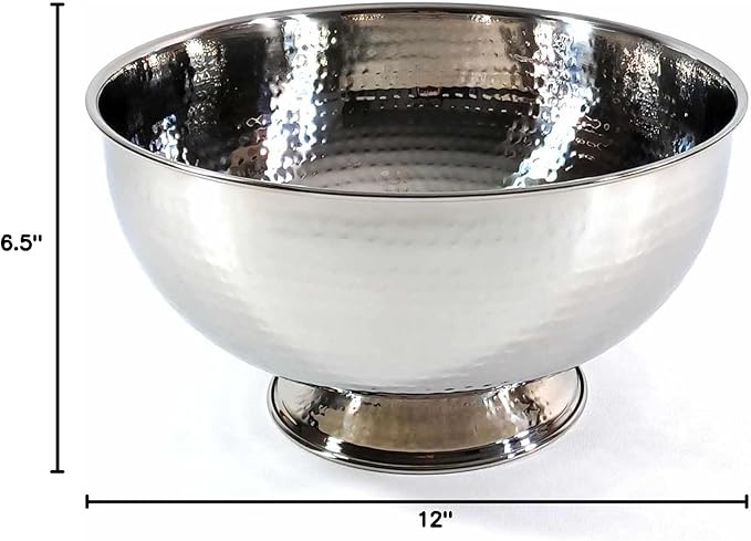 3SCompany Hand-Hammered Stainless Steel Fruit and Punch Bowl - 12" Diameter, 6.5" Tall, Dishwasher Safe - Elegant and Sturdy Serving Solution