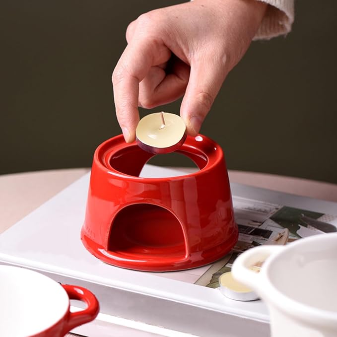 Chocolate Fondue Mug - 330 ml Ceramic Chocolate Melting Cup | Ceramic Personal Fondue Coffee Mug Warmer with Fork | Handmade Melting Butter Warmer for Appetizer Dessert Cheese (Red)