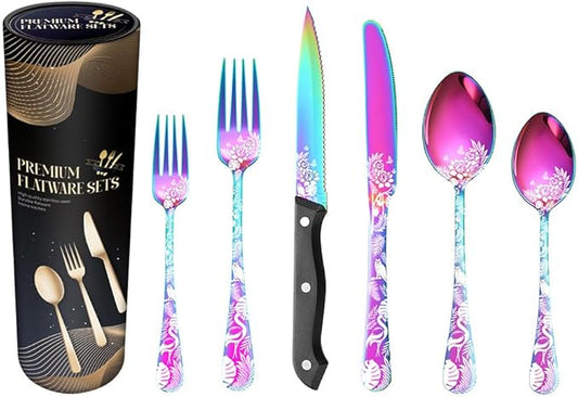 Premium 24 Piece Western Pattern Steak Knife,Fork and Spoon Set,Set for 4,Stainless Steel Cutlery Set with Gift-Ready Box,Dishwasher Safe, Ergonomic Design (Multicolor)