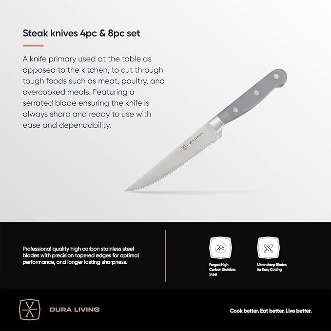 Premium 4-Piece Steak Knife Set – Sharp Serrated Blades, Forged High Carbon Stainless Steel, Full Tang, Ergonomic Handle, Elegant Gray Finish – Ideal for Dining & Entertaining