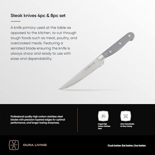Premium 4-Piece Steak Knife Set – Sharp Serrated Blades, Forged High Carbon Stainless Steel, Full Tang, Ergonomic Handle, Elegant Gray Finish – Ideal for Dining & Entertaining