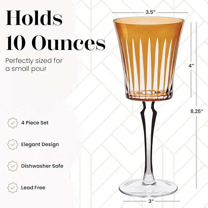 Vikko Colored Wine Glasses, Timeless Collection 10 Ounce Elegant Wine Glass for Fine Dining, Set of 4 Amber Goblets with Stem, Dishwasher Safe