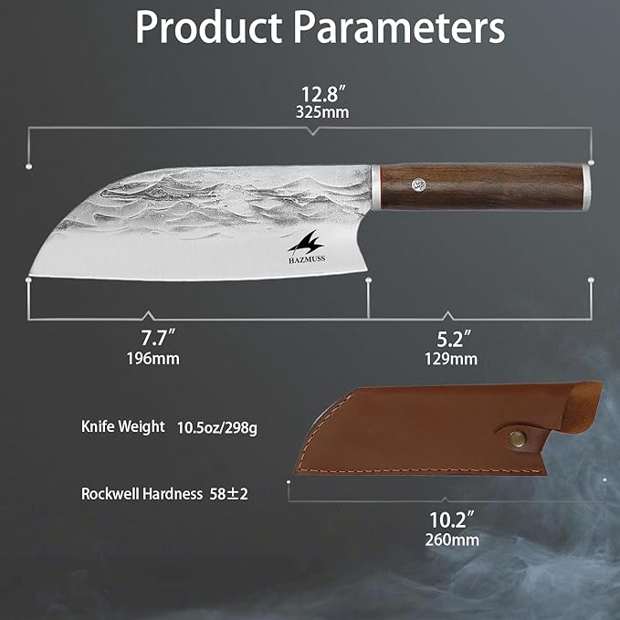 Hand Forged Chef Knife, 7.6-inch High Carbon Stainless Steel Blade for Slicing, Ash Wood Handle, with Leather Sheath, Suitable for Kitchen, Outdoor Cooking, BBQ