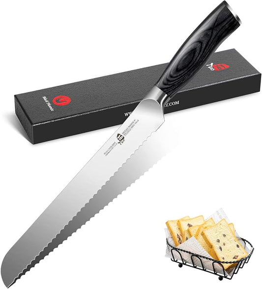 TUO Bread Knife, 9 inch Serrated Knife for Slicing Homemade Sourdough Bread,German HC Steel,Easy Grip Pakkawood Handle, Gift Box, Fiery Phoenix Series - Black