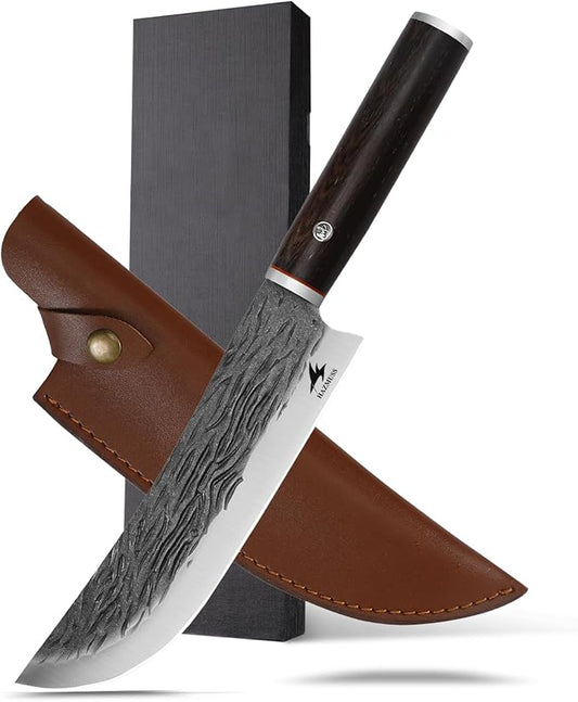 Professional 7.8-inch Chef Knife, High Carbon Stainless Steel Blade for Cutting Meat, with Leather Sheath Scabbard, Ash Wood Handle, Suitable for Kitchen, Outdoor Cooking, BBQ