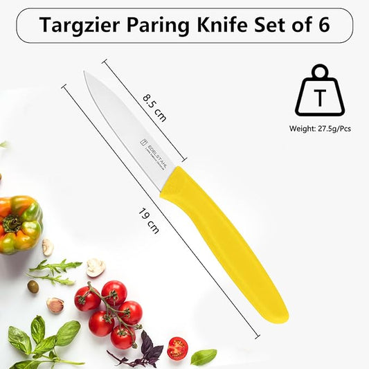 Paring Knife,Stainless Steel Paring Knives Set of 6,Super Sharp Vegetable&Fruit Knife,Straight Edge Paring Knifes,PP Plastic Ergonomic Handle,Yellow Peeling Knifes