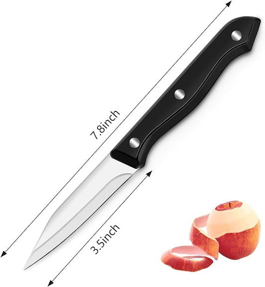 BEWOS 4-Piece Paring Knife Set - Paring Knives with Ergonomic Handle, 3.5 Inch Triple Rivet Paring Knives, Stainless Steel/Black Parers for Vegetable, Fruit & Kitchen Use