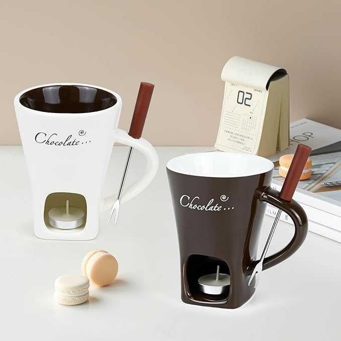 Sweet Fondue Cup for Chocolate Cheese Candy Butter - Chocolate Fondue Mug with Fork & 4 Candle, Mini Ceramic Chocolate Melting Cup, Personal Chocolate Melting Pot for Date Night Birthday (Coffee)